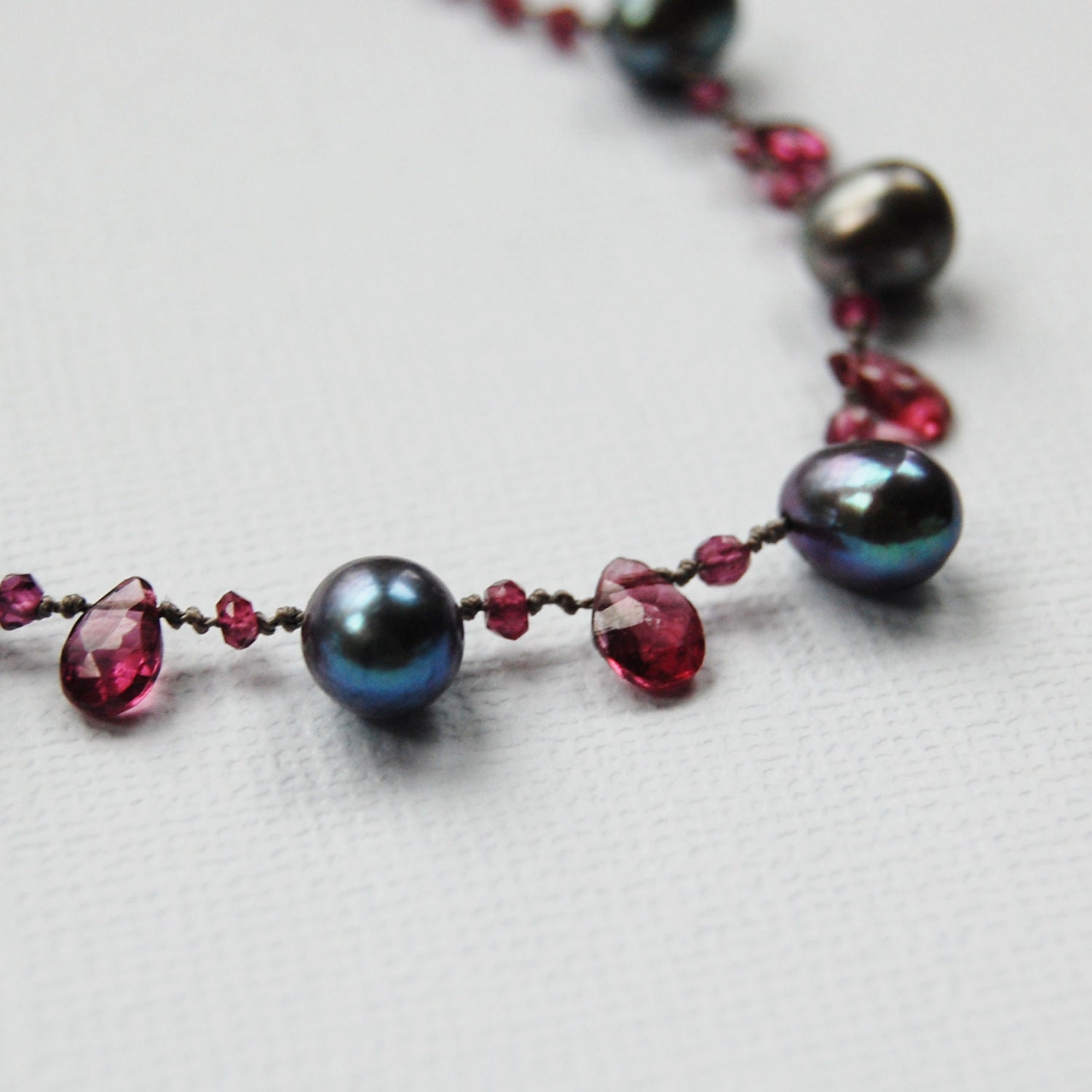 Hand Knotted Grey Pearl and Pink Garnet Necklace, Delicate, Rhodolite Garnets, January Birthstone