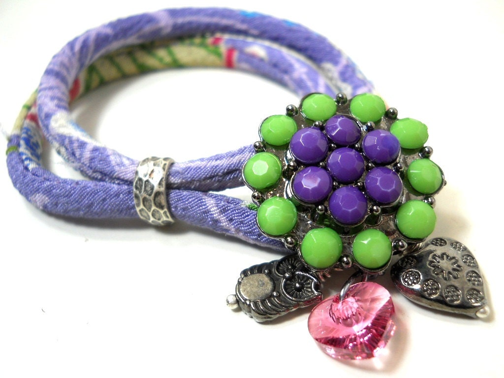 Wrap Bracelet, Lilac Green Floral Kimono Fabric Wrap Bracelet, Owl & Heart Charm ,Crystal Button, Chirimen Cord Fabric