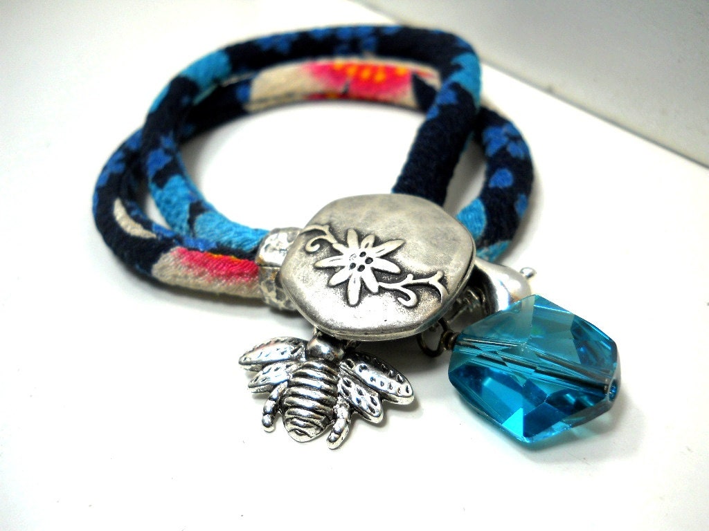 Wrap Bracelet, Navy Teal and Pink Kimono Floral Wrap Bracelet, Ice Blue Crystal, Bird and Bee Charms, Silver Floral Button, Chirimen Cord