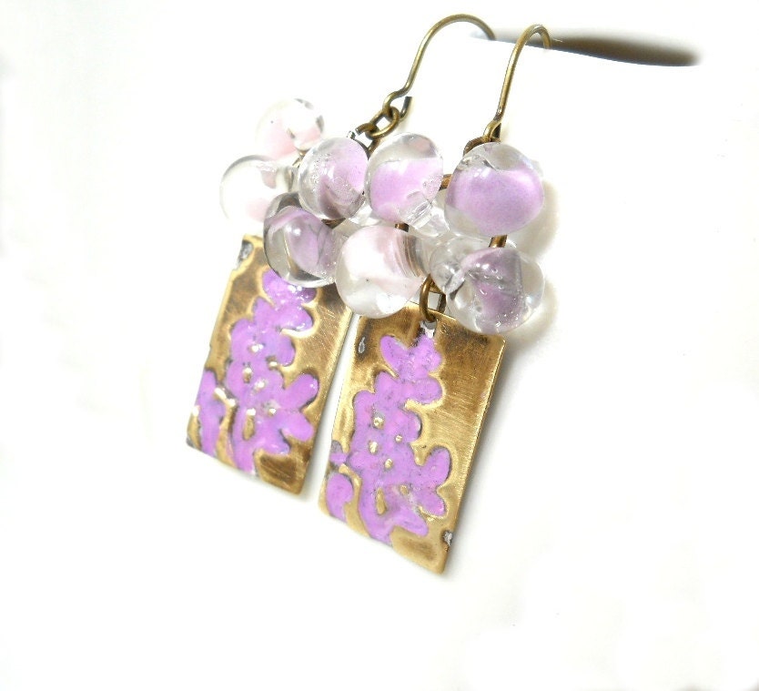 Wisteria Drop Earrings, Wisteria Embossed Lilac Glass Drops, Antiqued Brass Dangle Earrings, Spring Fashion