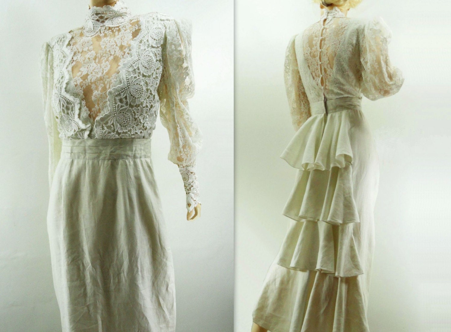 Vintage Wedding Dress Victorian 1980s White Linen Lace Bustle Gown
