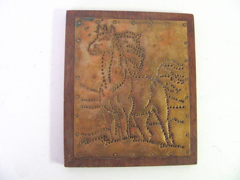 vintage wooden Wall Plaque with copper Horse design // folk art