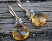 Citrine and Labradorite Earrings-Heart Briolette-Gold-November Birthstone-Euro-Lever Backs