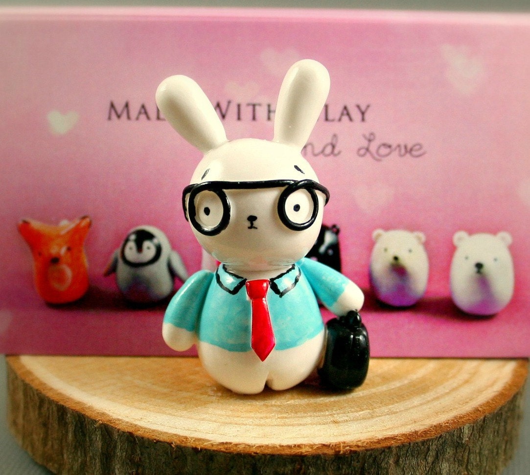Tree Slice Business Card Holder - Little Professional Bunny - Miniature Polymer Clay Animal