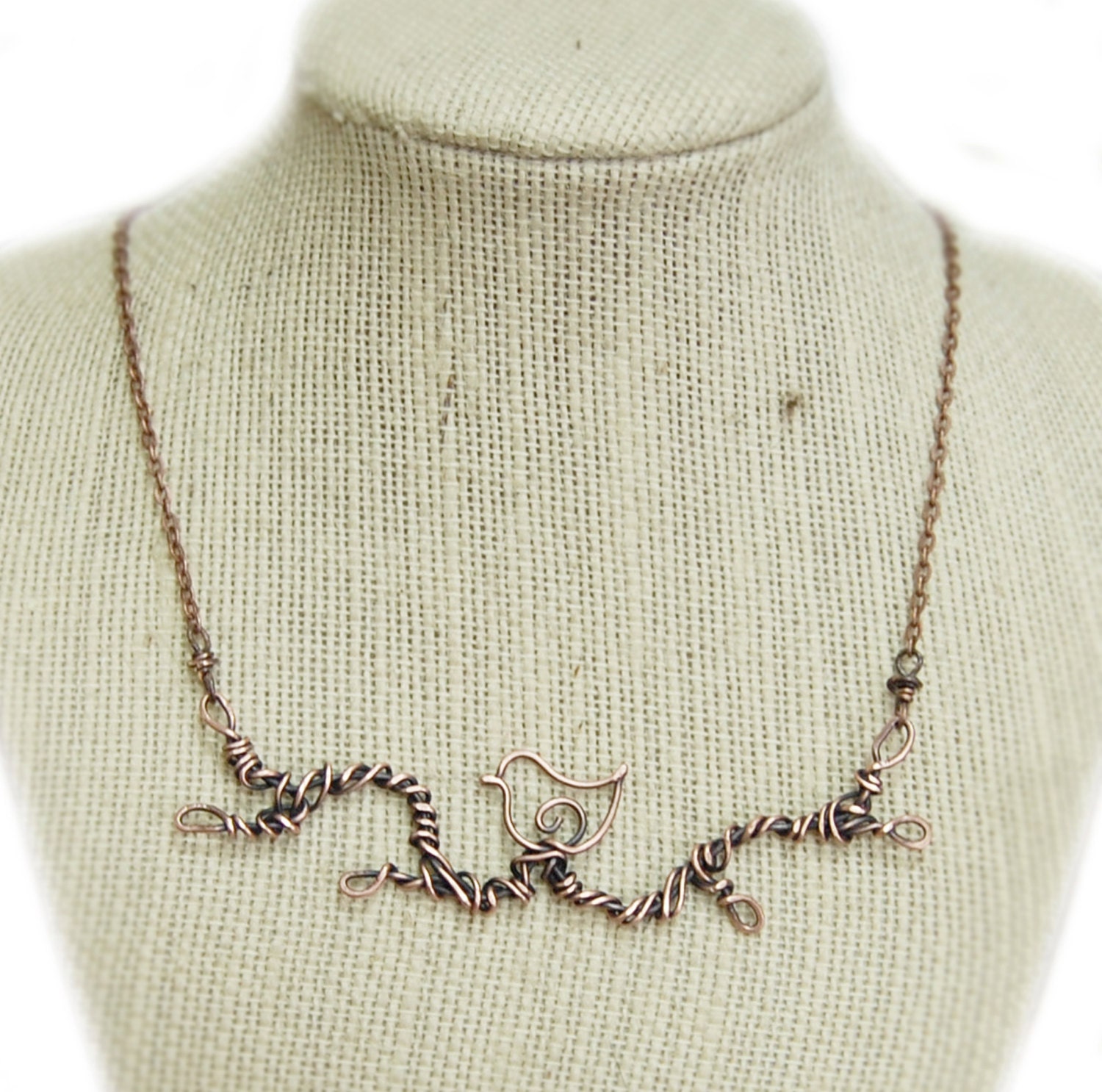 Oxidized. Copper. Bird. Branch. Necklace.