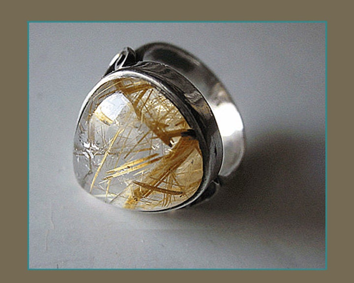 Spring Sparkle--Glimmering Rutilated Quartz Sterling Silver Ring,Vintage Jewelry,Women