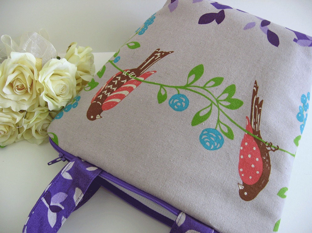 purple Birds /  Insulated Lunch Tote / Lunch box  / Zipper Bag / lunch bag