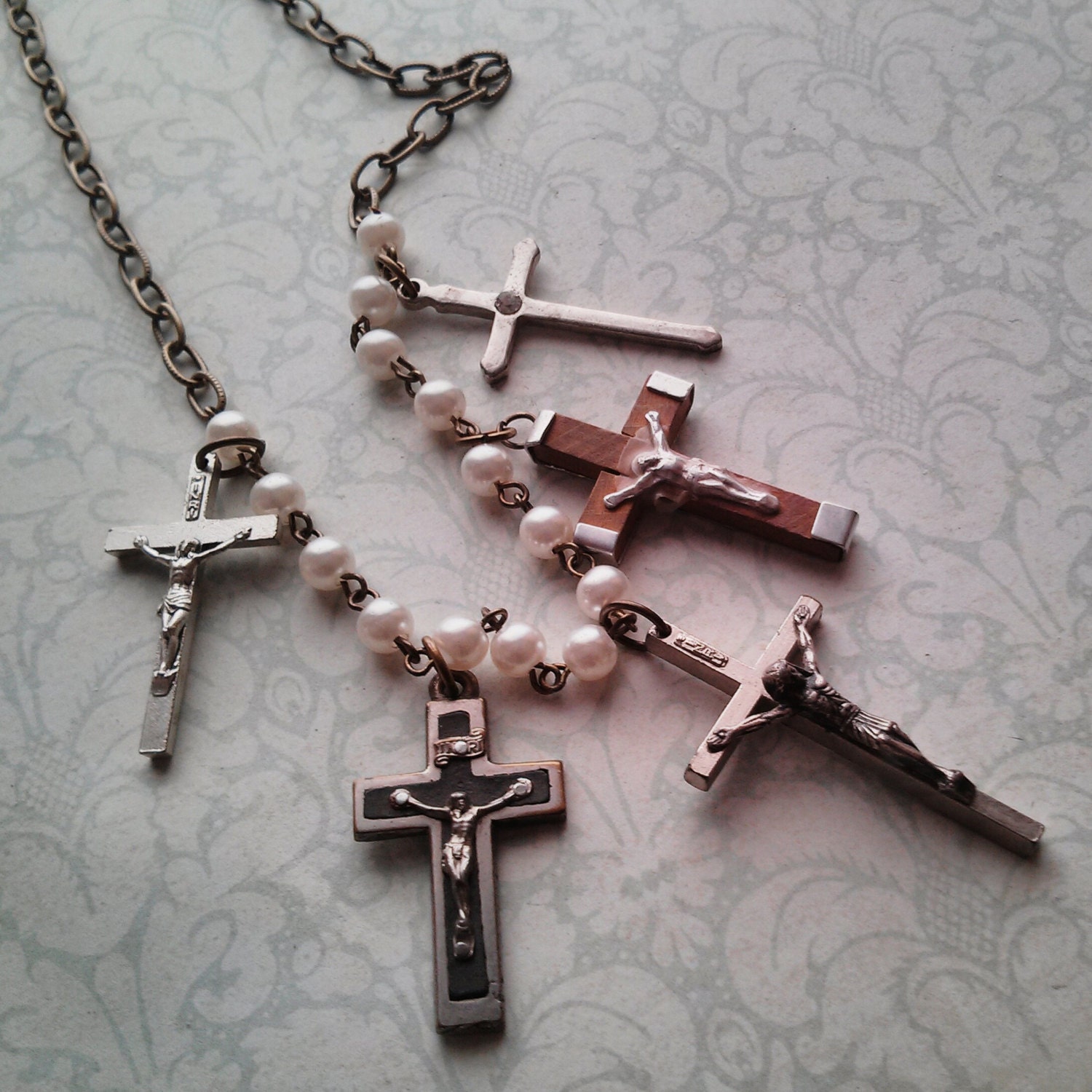 Antique Crucifix Pearl Necklace Catholic Rosary Upcycle, Quintet, FREE SHIPPING by Maddie Lisee