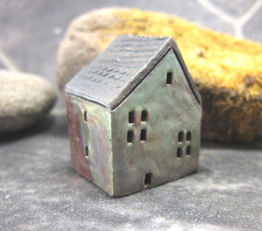 Rustic Copper Blue Cottage...Raku Fired Miniature House