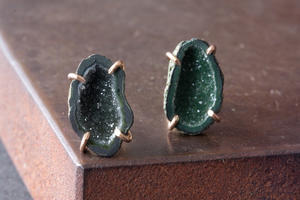 One of a Kind Large Green Druzy Agate Geode Studs in 14kt Gold