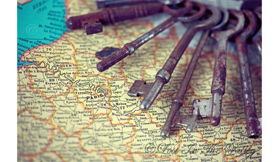 Paris France Map Photo, Skeleton Key Photograph, Still Life Photography, Rusty Keys, Vintage Style, 8x12 Fine Art Print, Yellow Cream, Blue