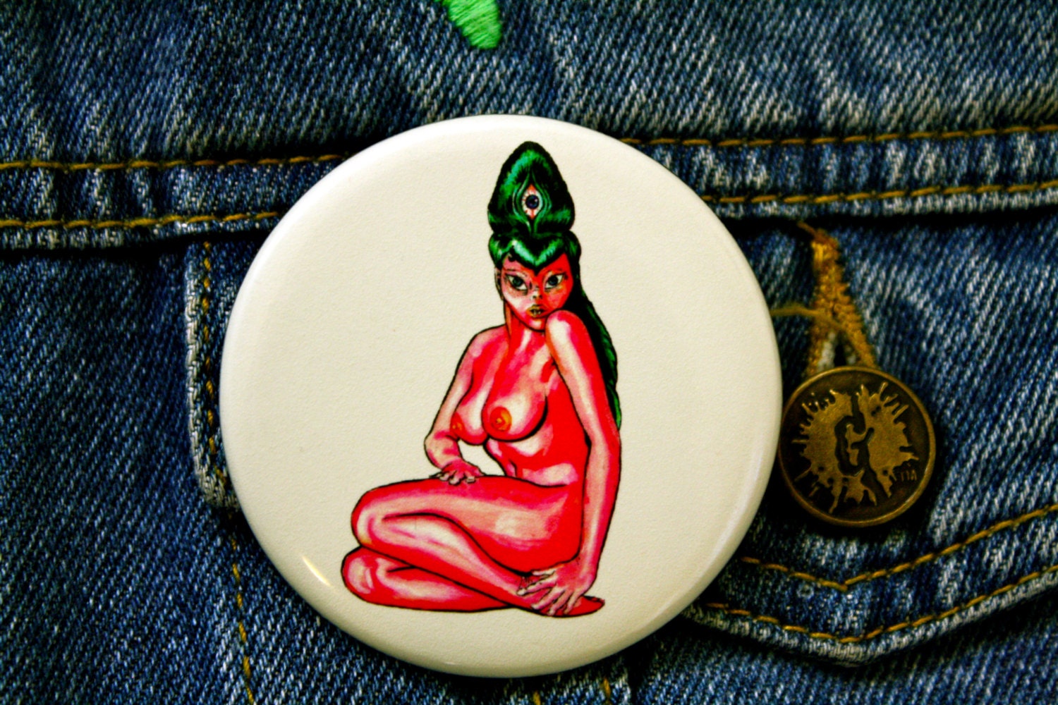 2.25" ALIEN PINUP Glow In The Dark Artist Pinback Button Limited Edition