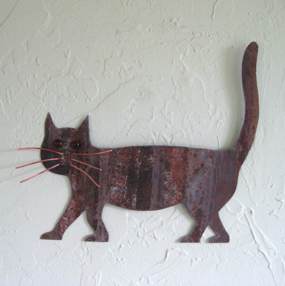 Wall art sculpture - Cat - Handmade repurposed metal home decor 11 x 12