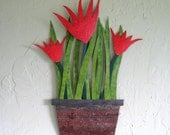 Metal art sculpture metal tropical flower pot hanging wall art red orange kitchen decor
