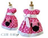 Custom Boutique style Minnie Mouse Peasant Dress Bubble Gum Pink Polkadots and White with Applique