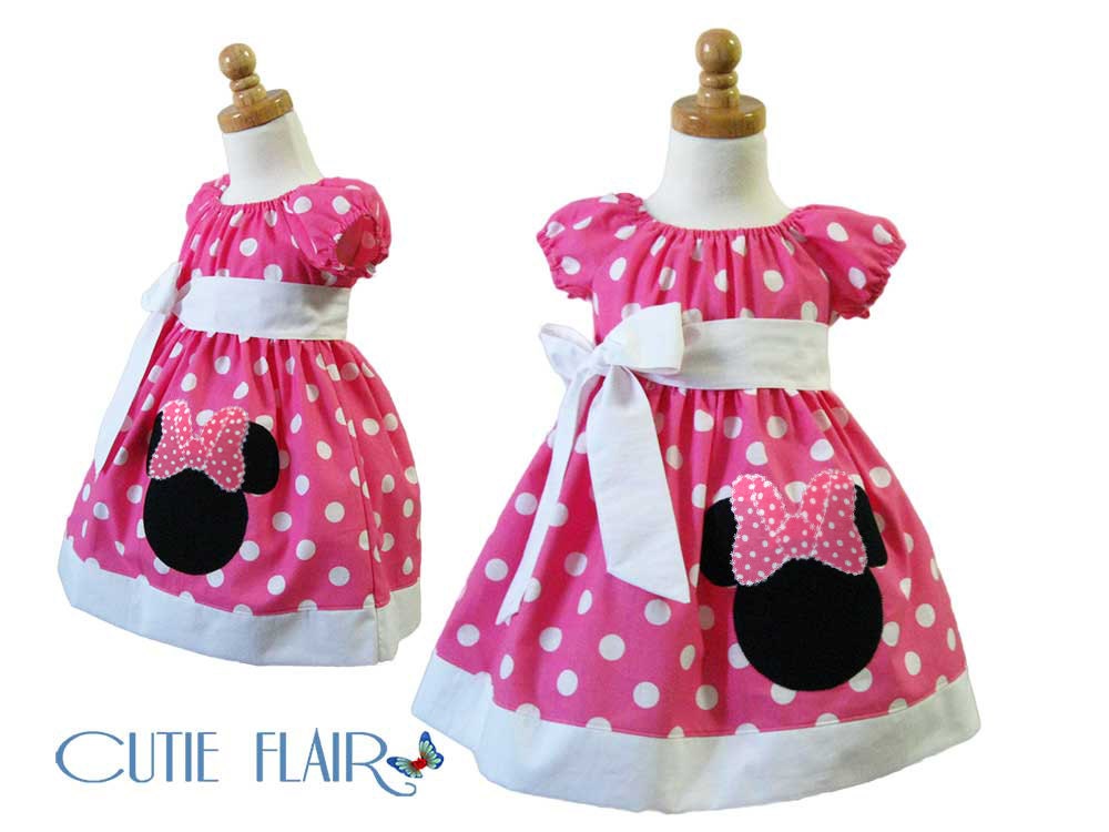 Custom Boutique style Minnie Mouse Peasant Dress Bubble Gum Pink Polkadots and White with Applique