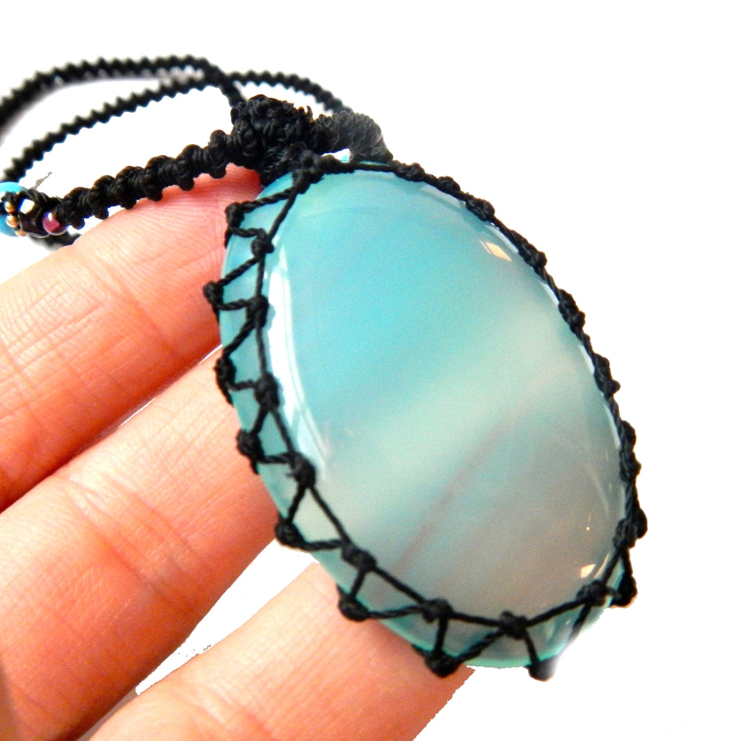 large BLUE ONYX macrame Necklace- Stone of Strength- netted pendant healing crystal playa festival beach