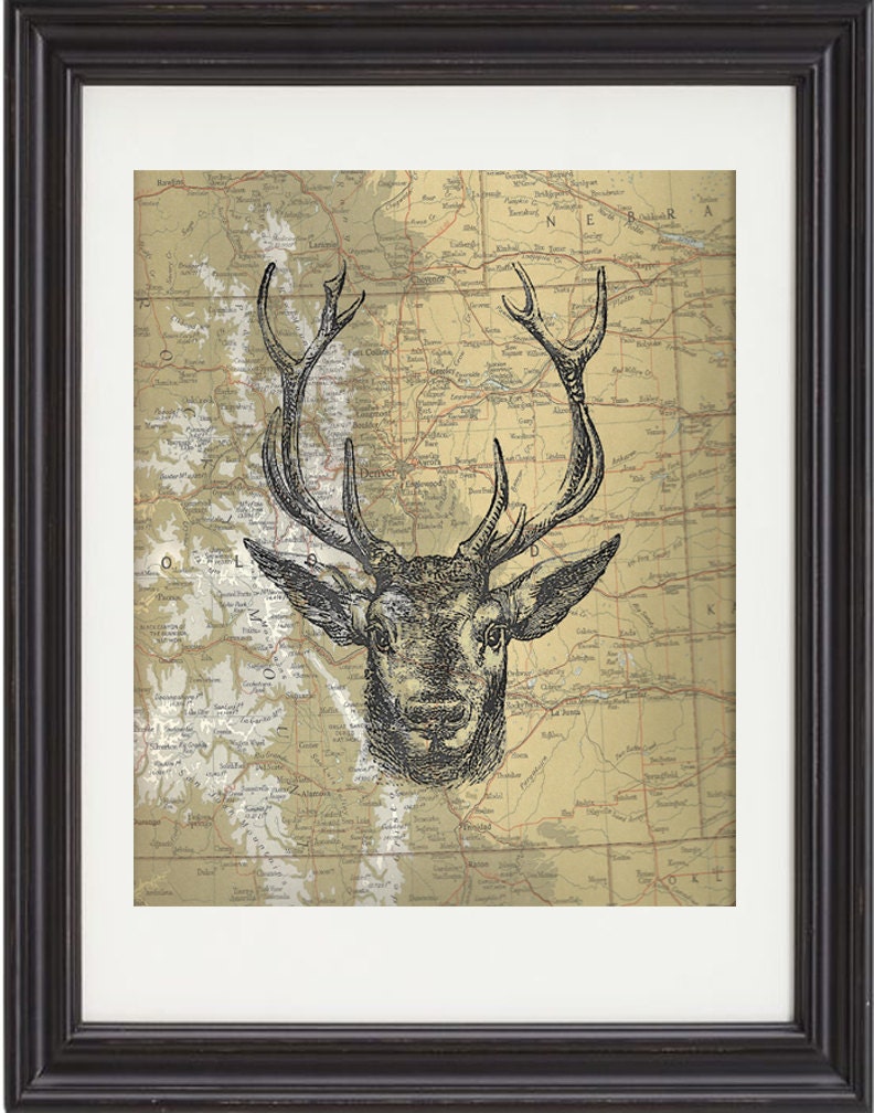 Deer Head, Art, Print, Colorado Map, Texas Map, Antlers, 8x10