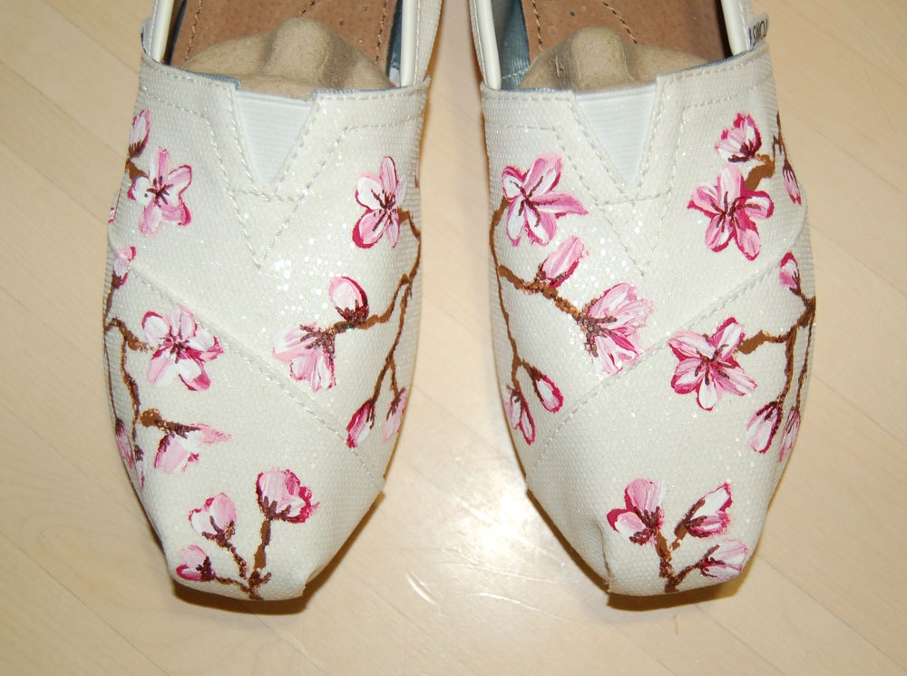 Custom Bridal Toms - Glitter Flats, shoes included, cherry blossom design