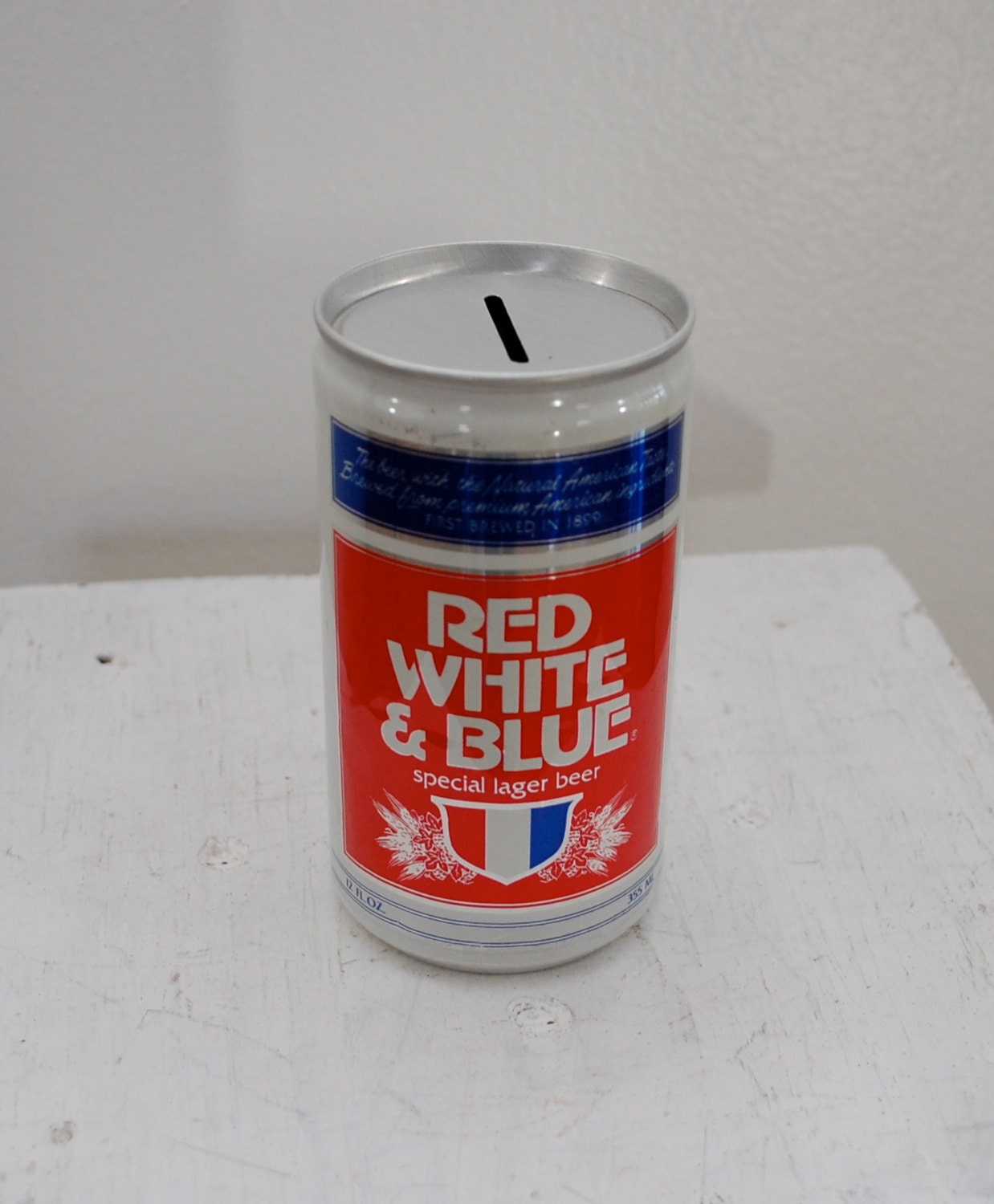 Vintage RED WHITE & BLUE Beer Can Coin Bank pabst milwaukee