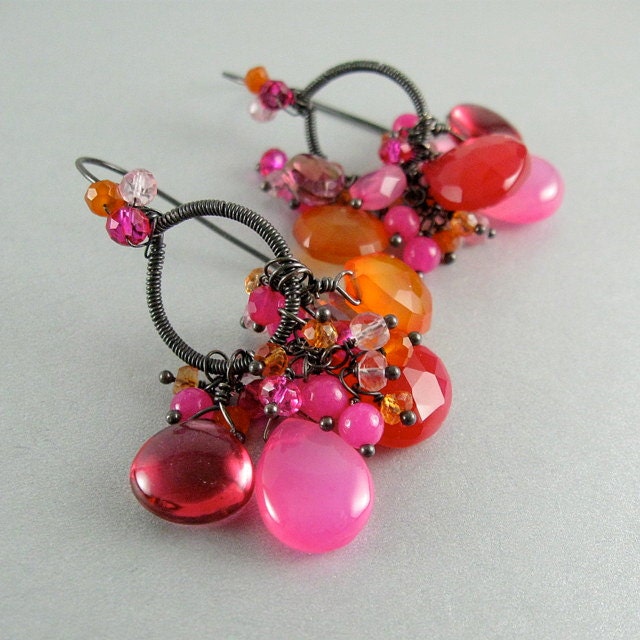 Pink and Orange Mixed Gemstone Earrings