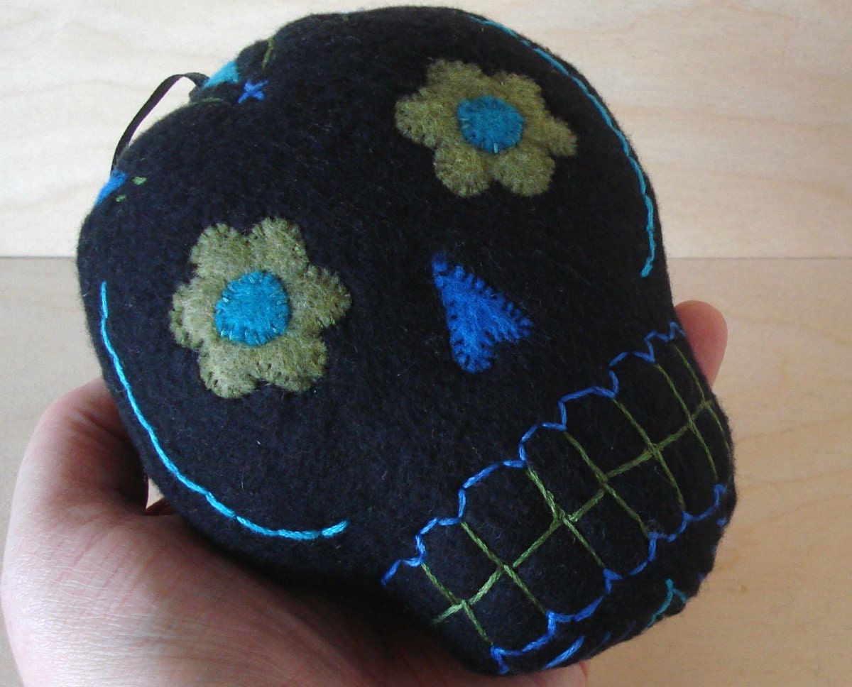 Sugar Skull plush ornament, black green blue