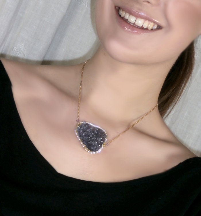 Large Druzy Necklace Charcoal Black Grey Jasper Druzy Diamond Style Bezel Necklace Druzy Statement Necklace Beach Wedding - Sierra