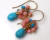 Sleeping Beauty Turquoise and Coral Earrings Wire Wrapped Cluster Gemstone Beaded Handcrafted Gold Earrings