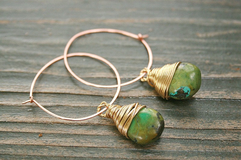Old Turquoise & Brass Hoop Earrings