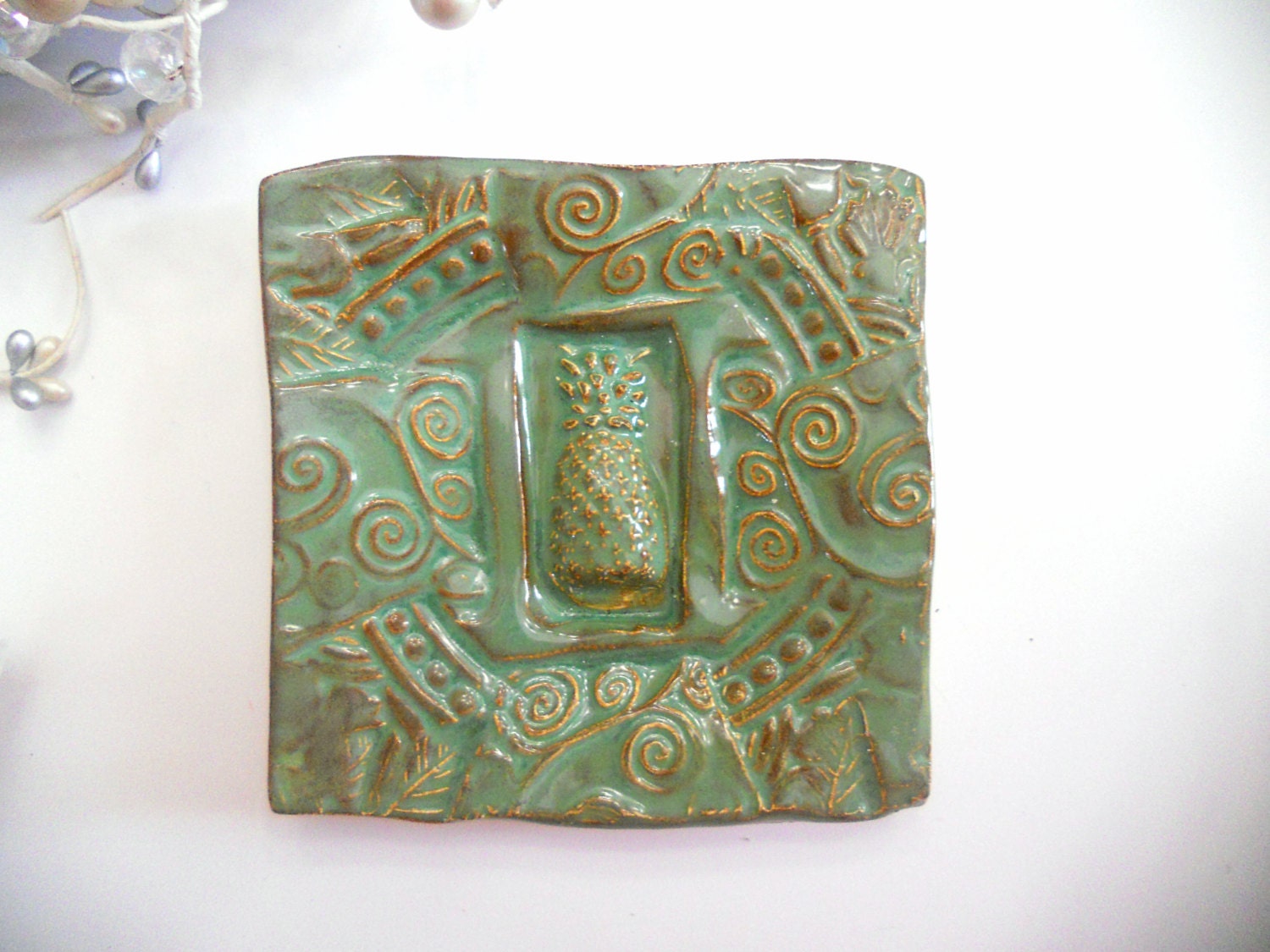 Green Pineapple Plate Ceramic Handmade Pottery