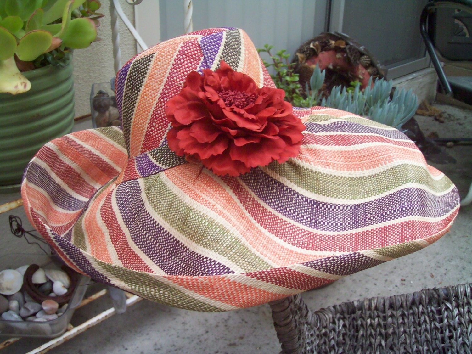 Hot & Spicy Chili Pepper Striped Linen Straw Hat w Red Pepper Cabbage Rose