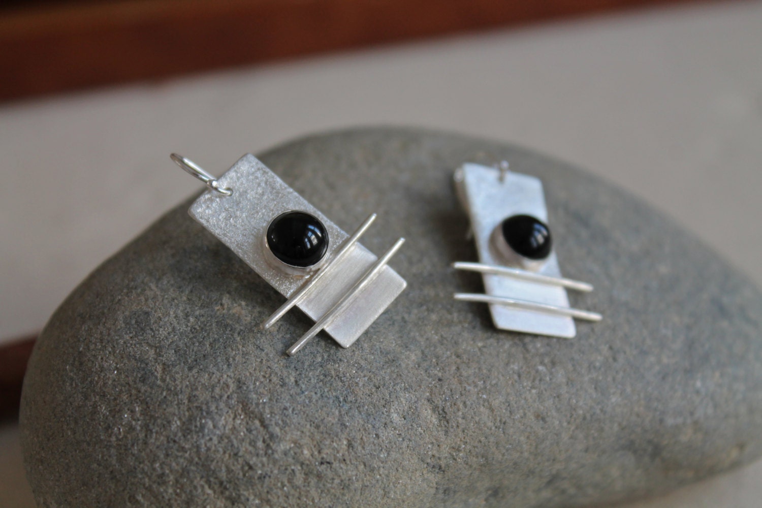 Onyx Sterling Silver Earrings. Black onyx. Abstract. Textured. Long earrings. sticks. Modern. gift.