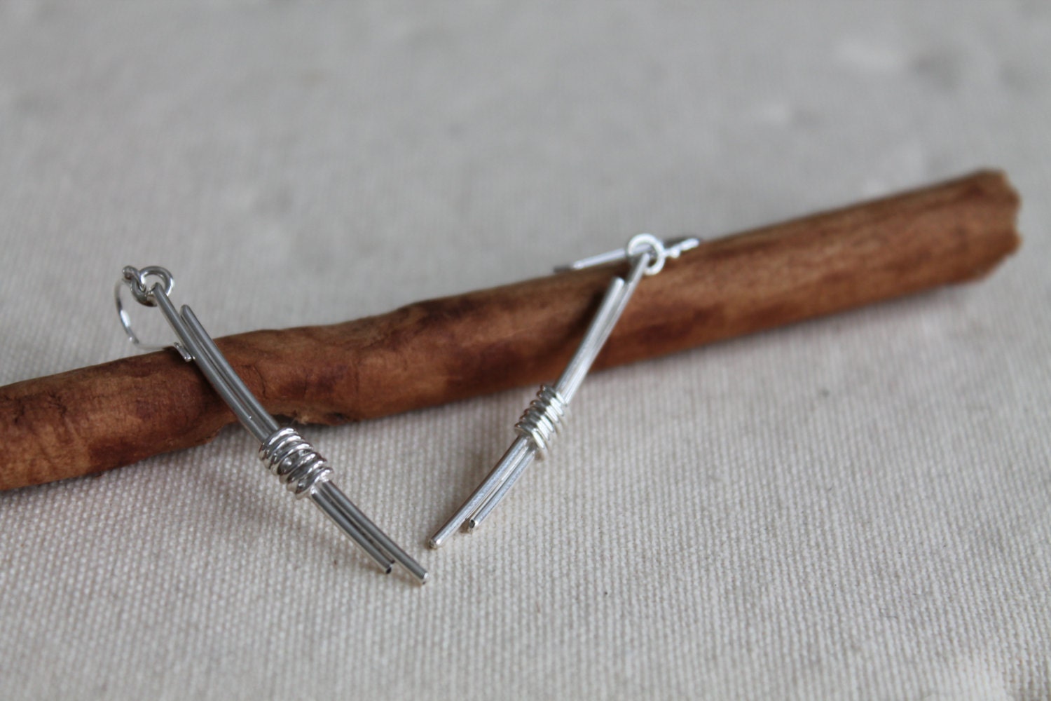 Long sterling silver sticks with wrapped design. silver bind. natural look. sterling silver. minimalist. handmade. OOAK