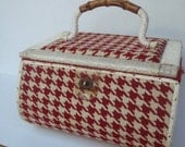 Vintage Singer Sewing Basket Houndstooth Bamboo Handle