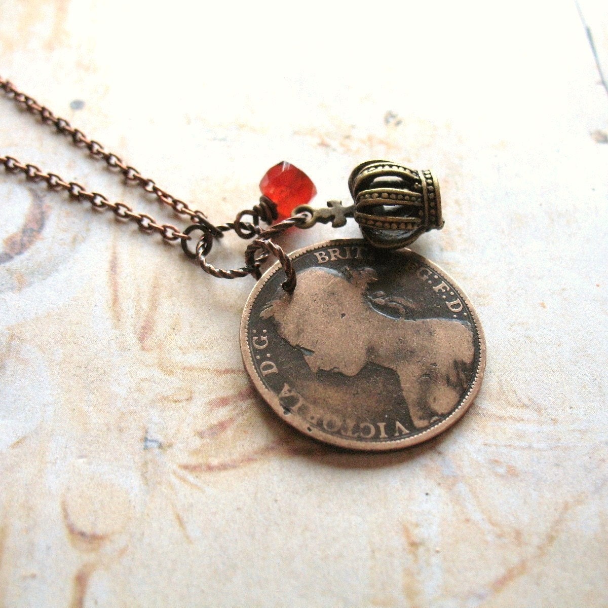Her Royal Highness -  Antique Copper Coin, Lucky Penny, Gemstone and Crown Charm Handmade Necklace