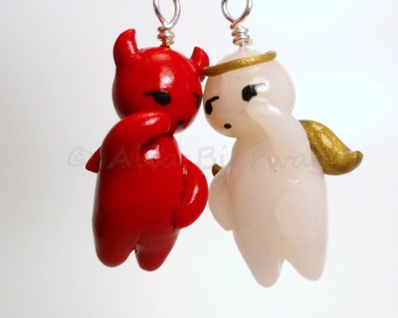 Good and evil polymer clay earrings.  The original. The conscience on your shoulders. Angel and Devil. Made to order.