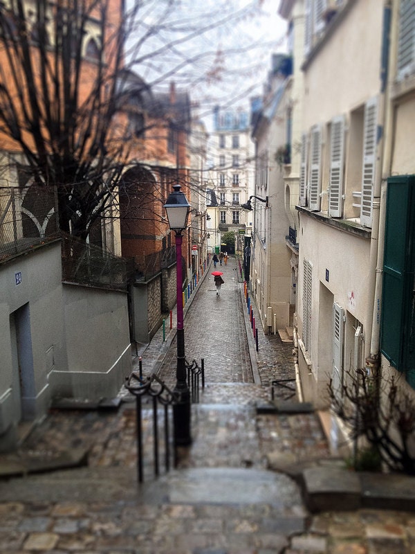 Paris Photography -  Red Umbrella in Montmartre - Paris in the rain- 8x10 Fine Art Photograph - Paris Home Decor - Red Umbrella in Paris