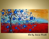 on SALE Original Modern  red,blue,turquoise Abstract Painting 48x24 HERE COMES the Rain Whimsical Tree Landscape Impasto Art
