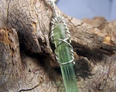 Green Tourmaline  Crystal - wire wrap necklace pendant - Sterling Silver - crystal  -Tourmaline Crystal - terminated point