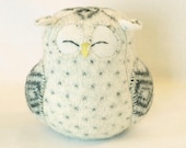 Recycled Sleepy Owl White with Dark Grey Spots Felted Wool Lamb Wool Stuffing Eco Friendly Home Decor Ornament Height 7"