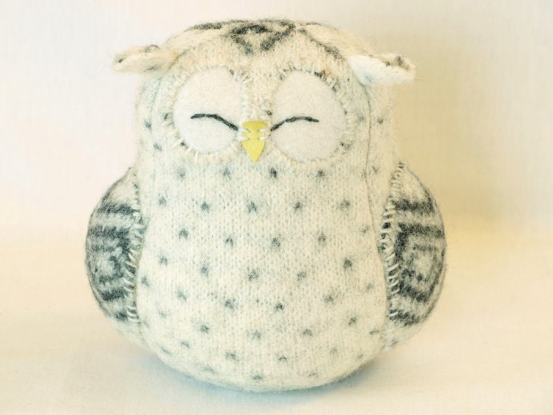 Recycled Sleepy Owl White with Dark Grey Spots Felted Wool Lamb Wool Stuffing Eco Friendly Home Decor Ornament Height 7"