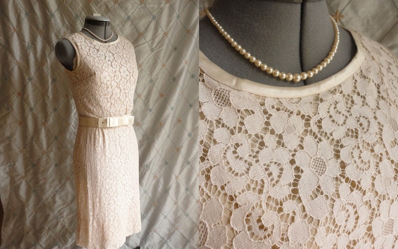 60s Dress // Wedding Dress // Vintage 1960s Cream Lace Wiggle Dress with Satin Trim and Belt Size S