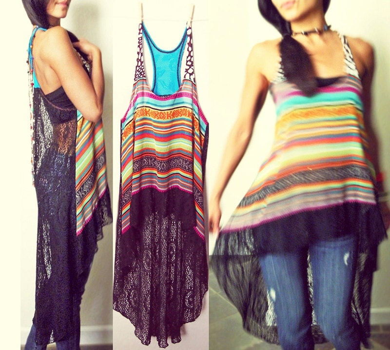 Dream Catcher Crochet Net Boho Hi-Low Racer Tunic Dress