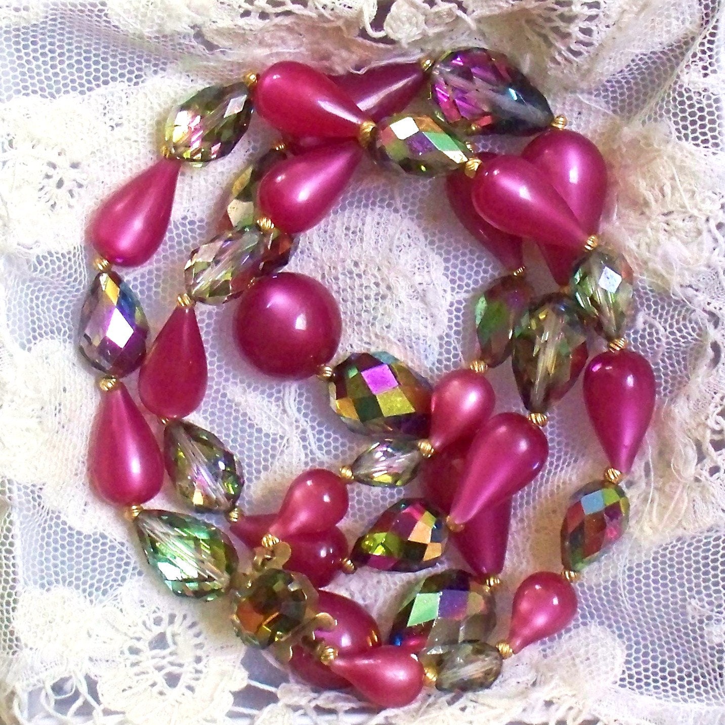 Moonglow and Aurora Glass Necklace - Carnival, Pink, Teardrop, Oil Stain,