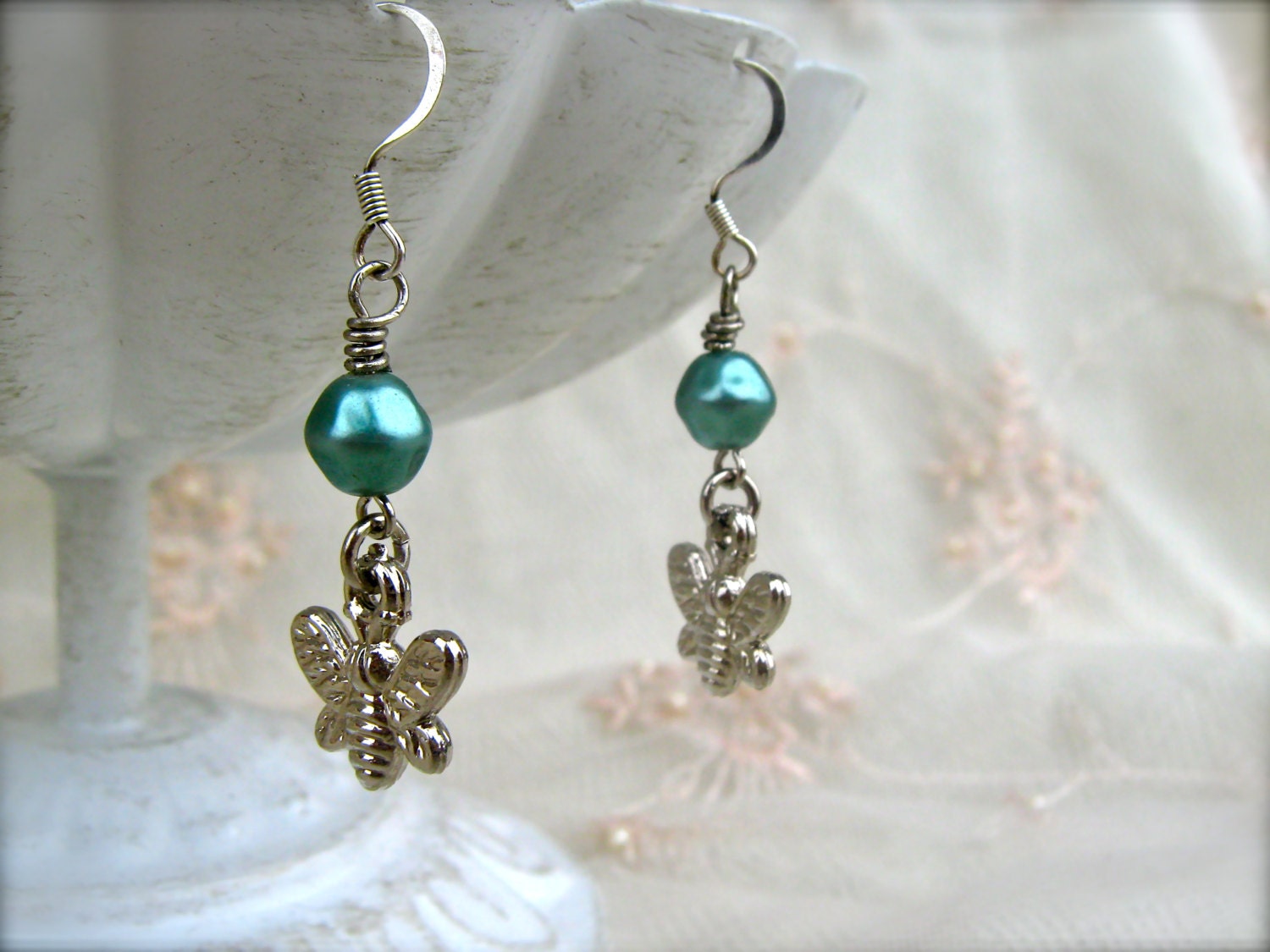 Silver Butterfly Earrings. Aqua Blue Pearl Earrings. Pearl Dangle Earrings. Silver Earrings. Dragonfly Earrings. Turquoise Pearl.