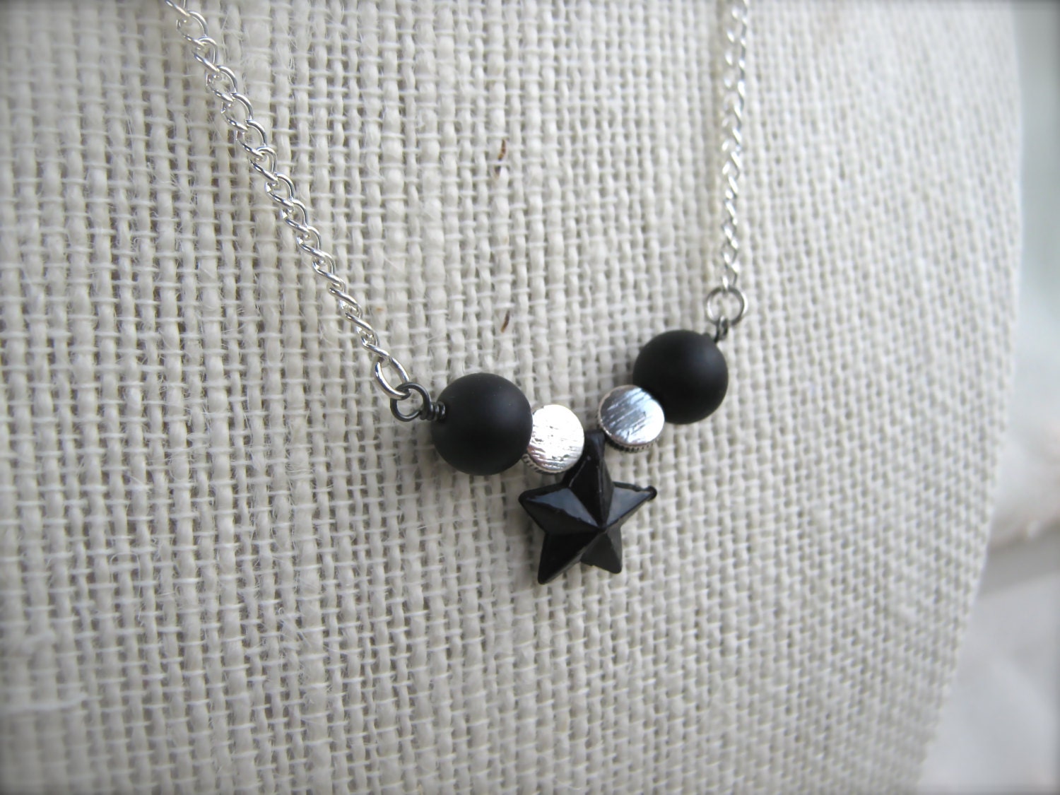 Black Star Necklace. Silver and Black. Silver Necklace. Star Charm Necklace. Black and White. Black Beaded Necklace. Star Jewelry.