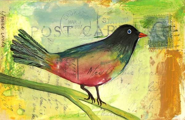 Jeweled Robin in Spring-Original Mixed Media-Morning Bird