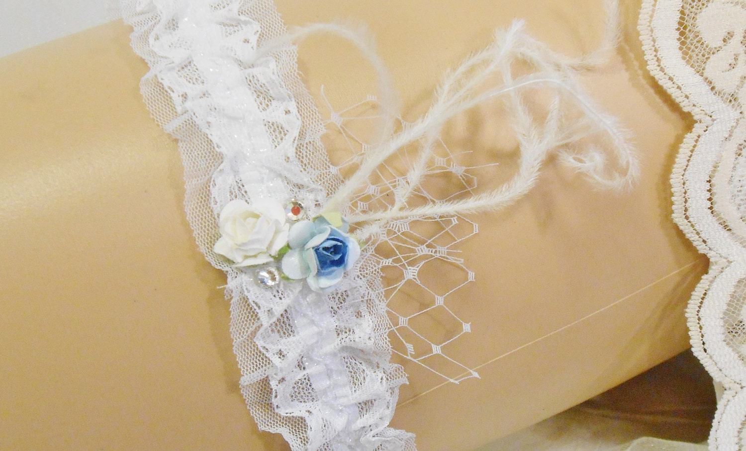 BLUE and White Rose Birdcage Rhinestone Stretchy GARTER