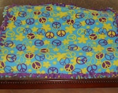 Fleece Tie Blanket Yellow and Purple Peace Signs on Turquoise Purple Back 48x60
