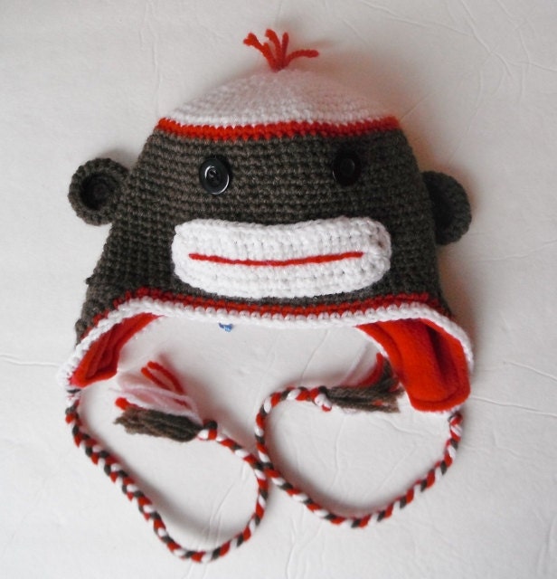 Sock Monkey Hat Fleece Lined Ready to Ship  SALE ITEM